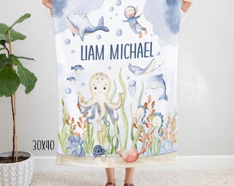 Under the Sea Boy Blanket, Personalized Ocean Theme Baby Name Blanket, Ocean Scenery Blanket, Octopus Whale Scuba Diver, Custom Name Blanket