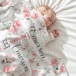 Personalized Baby Name Blanket, Pink Floral Baby Girl Blanket, Custom Nursery Decor, Newborn Gift