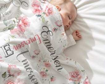 Personalized Baby Name Blanket, Pink Floral Baby Girl Blanket, Custom Nursery Decor, Newborn Gift