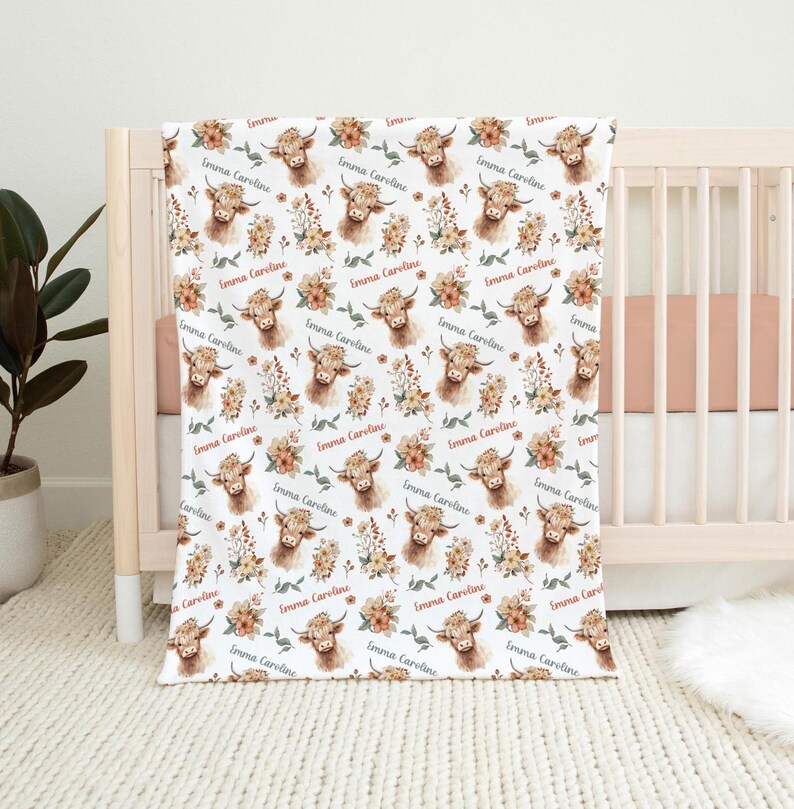 GIRL HIGHLAND COW Baby Blanket, Floral Highland Cow Personalized Blanket, Toddler Girl Birthday Gift Farm Nursery Newborn Blanket, Baby Gift image 3