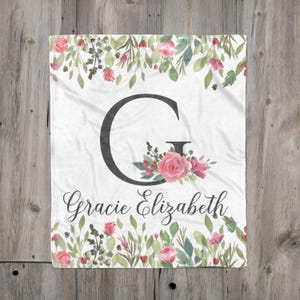 Newborn Baby Girl Monogram Blanket, Floral Custom Name Blanket, Pink Floral Blanket, Toddler Girl Name Blanket, Personalized Baby Gift