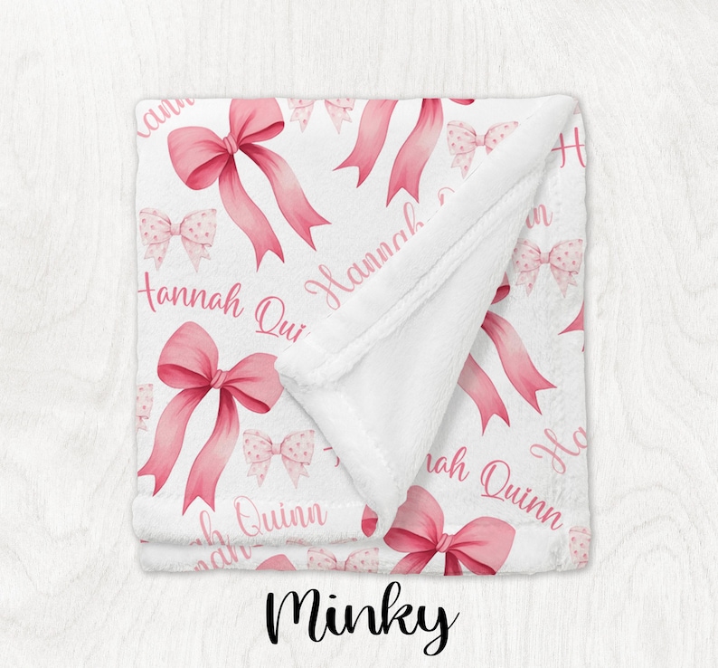 PERSONALIZED COQUETTE BLANKET, Pink Bow Blanket, Personalized Baby Girl Blanket, Pink Baby Blanket, Bow Theme Girl Gift, Bow Name Blanket imagen 4