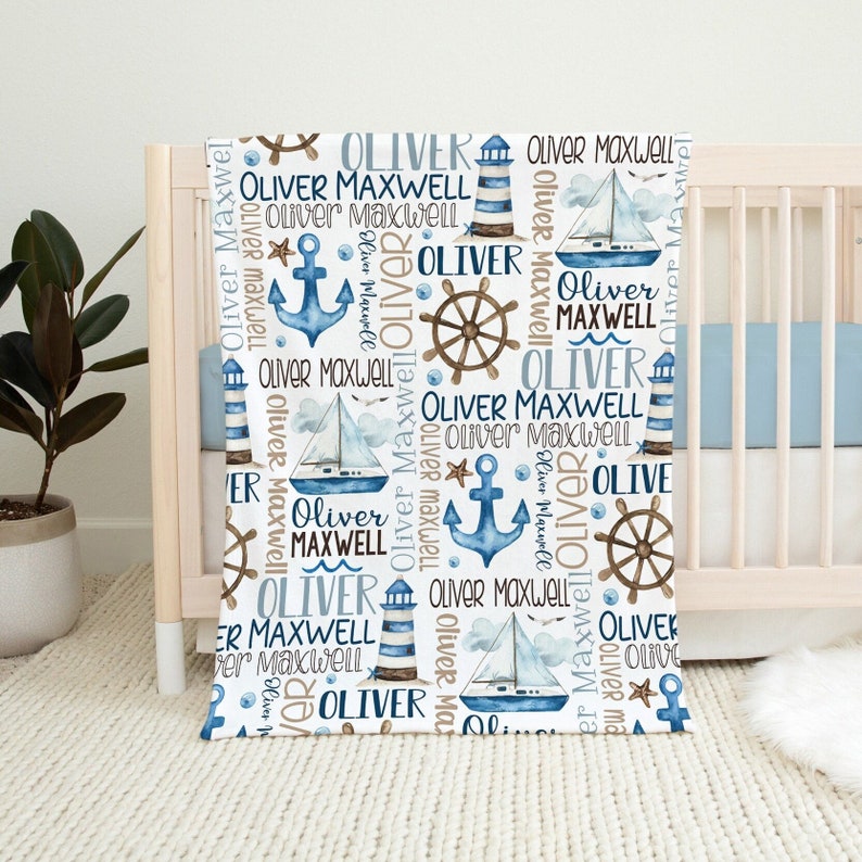 Baby Boy Personalized Nautical Blanket, Sailboat Anchor Baby Blanket, Custom Name Baby Boy Gift, Nautical Swaddle Blanket, Nautical Minky afbeelding 1