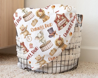 Personalized Baby Name Blanket, Vintage Circus Nursery Blanket, Carnival Baby Blanket, Custom Baby Boy Gift, Neutral Circus Animal Blanket
