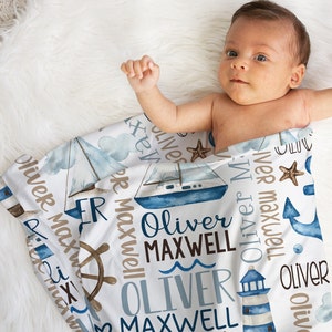 Baby Boy Personalized Nautical Blanket, Sailboat Anchor Baby Blanket, Custom Name Baby Boy Gift, Nautical Swaddle Blanket, Nautical Minky 30X40 JERSEY SWADDLE