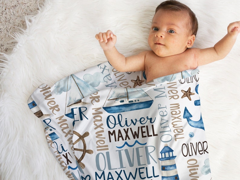 Baby Boy Personalized Nautical Blanket, Sailboat Anchor Baby Blanket, Custom Name Baby Boy Gift, Nautical Swaddle Blanket, Nautical Minky 30X40 JERSEY SWADDLE