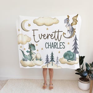 Baby Boy Personalized Dragon Blanket, Dragon Nursery Baby Blanket, Custom Name Baby Boy Name Blanket, FairyTale Dragons, Toddler Boy Blanket image 2