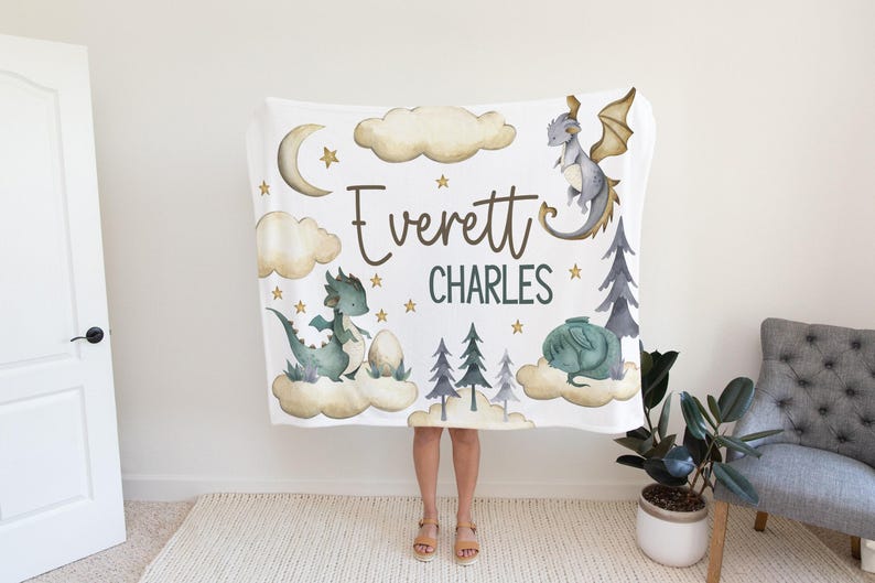 Baby Boy Personalized Dragon Blanket, Dragon Nursery Baby Blanket, Custom Name Baby Boy Name Blanket, FairyTale Dragons, Toddler Boy Blanket image 2