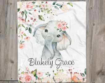 Pink Rose Floral Elephant Blanket, Floral Baby Girl Name Blanket, Newborn Girl Baby Elephant Blanket, Personalized Toddler Girl Name Blanket