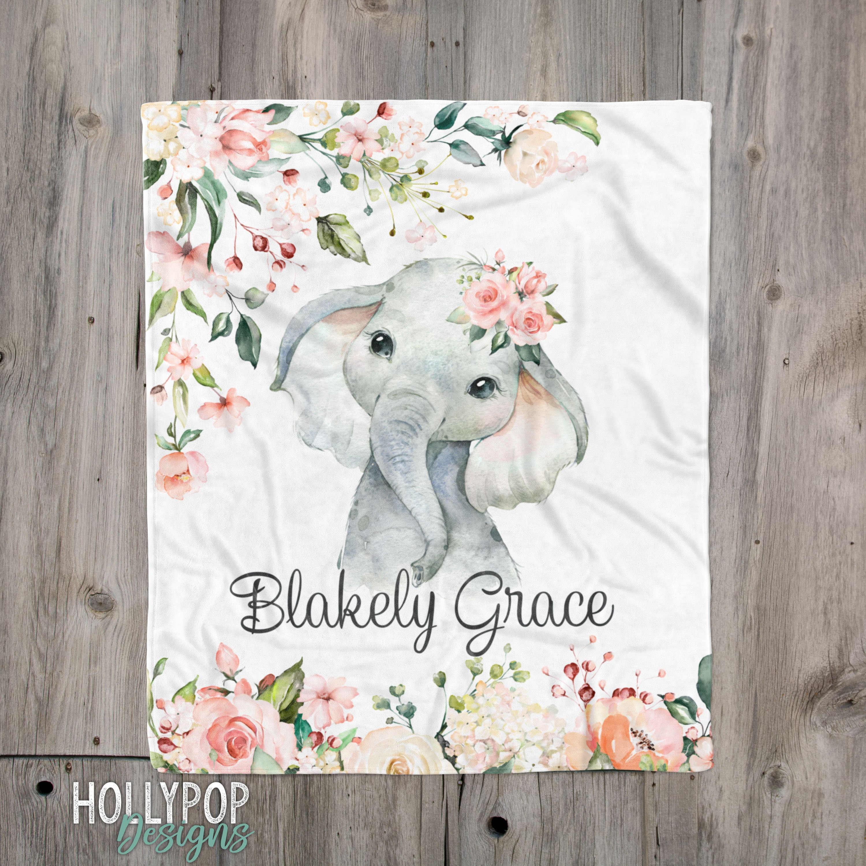 Personalized Baby Girl Floral Elephant Blanket, Pink Floral Rose Cust…