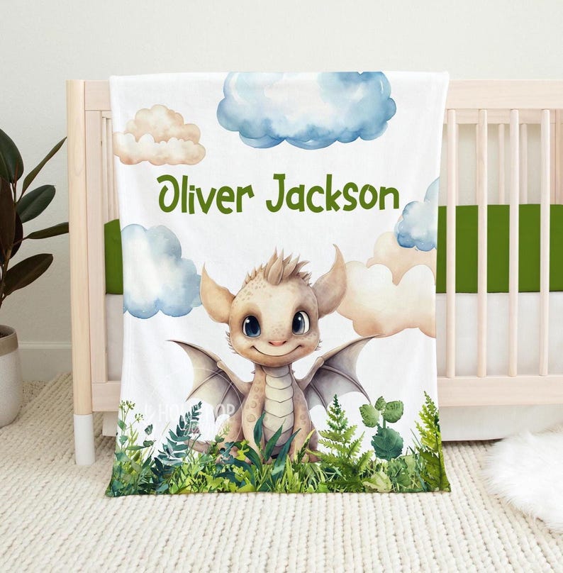 PERSONALIZED TODDLER BOY Dragon Blanket, Dragon Baby Name Blanket, Name Kids Throw, Gift for Toddler, Dragon Baby Gift, Boy Birthday Gift image 1