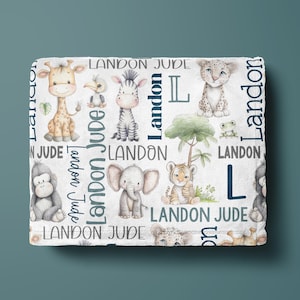 The image is a collage of various animal illustrations, including a giraffe, zebra, lion, and elephant, along with the name 'Landon' written in different fonts and sizes.