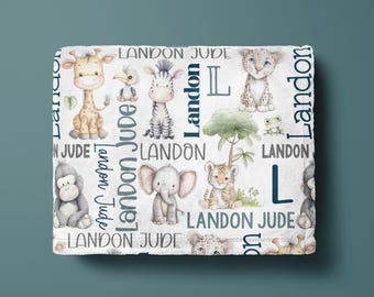 PERSONALIZED BABY BOY Safari Animal Blanket, Jungle Theme Baby Name Blanket, Multiple Color Choices, Fleece Minky Sherpa