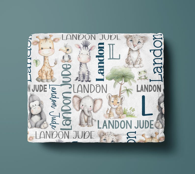 The image is a collage of various animal illustrations, including a giraffe, zebra, lion, and elephant, along with the name 'Landon' written in different fonts and sizes.