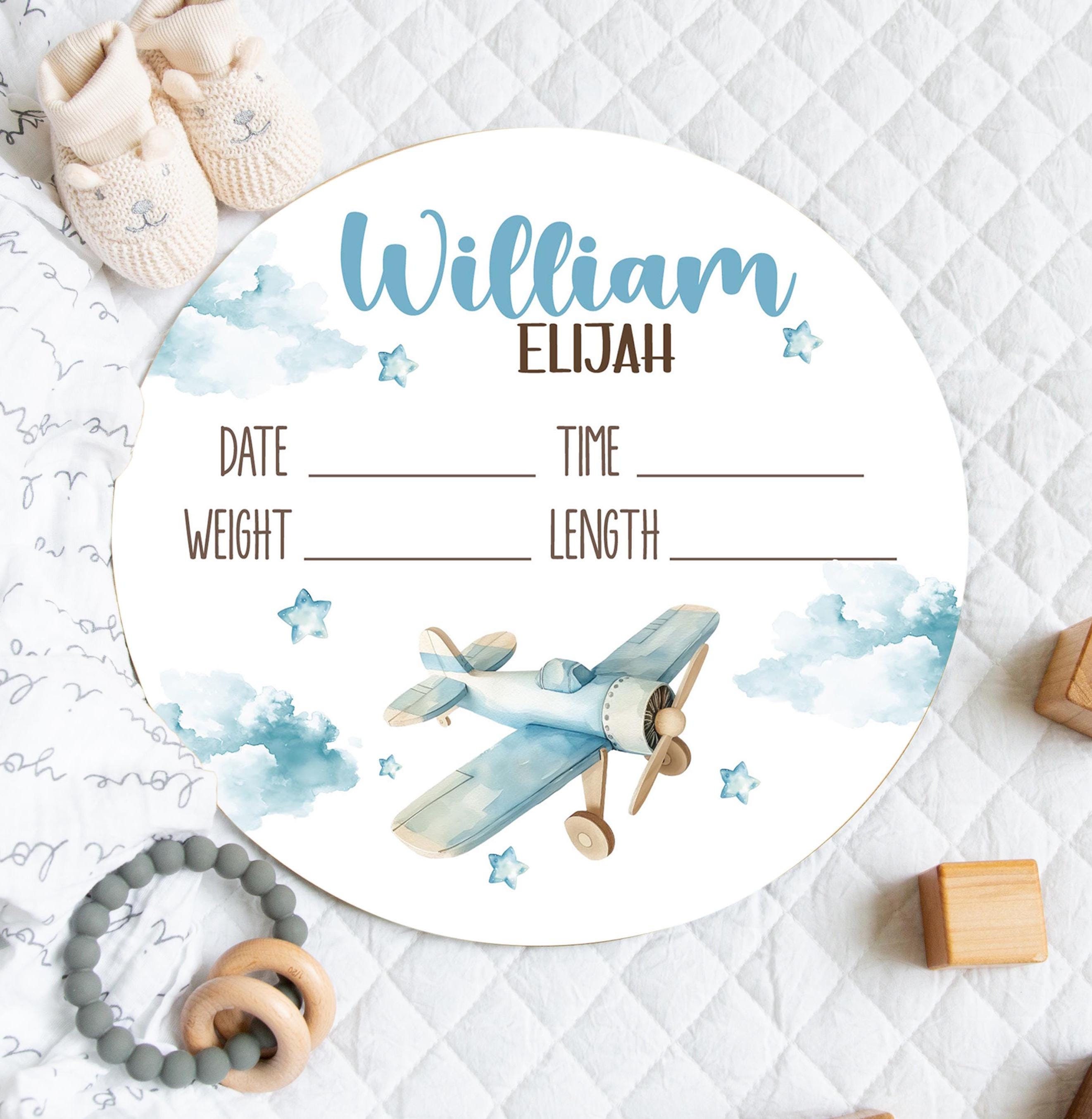 AIRPLANE BIRTH STAT Sign, Newborn Boy Baby Announcement Sign, Blue Airplane Nursery Baby Name Sign, Round Wood Airplane Baby Stats Baby Gift