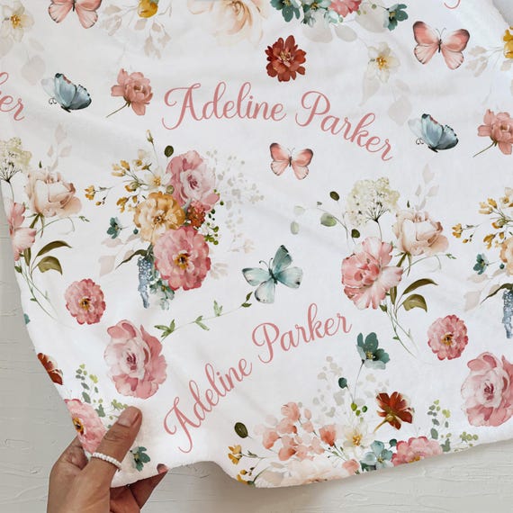CUSTOM BABY GIRL Wildflower Blanket, Personalized Baby Name Blanket, Baby Shower Gift, Floral Butterfly Baby Girl Blanket, Toddler Girl Gift