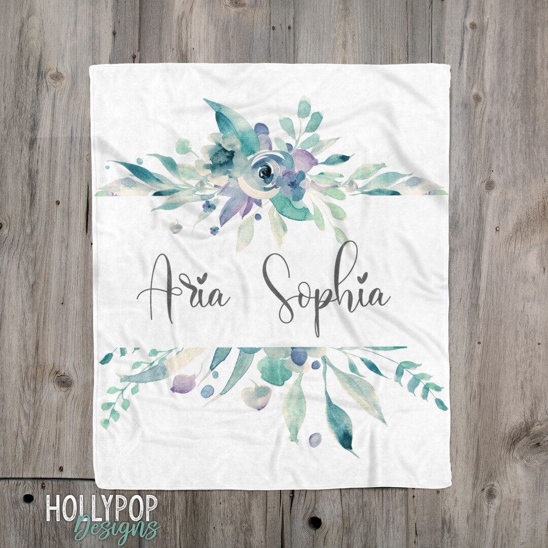 Personalized Girl Throw Blanket, Watercolor Floral Name Blanket, Custom