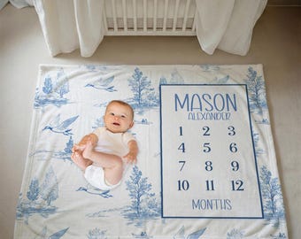BLUE TOILE DUCK Milestone Blanket, Custom Baby Boy Month Milestone Photo Blanket, First Year Baby Growth, Blue Baby Shower Gift
