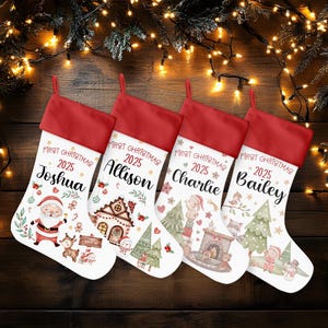 May include: Four personalized Christmas stockings with red cuffs and white bodies. Each stocking is decorated with a unique Christmas-themed illustration and the name of a child: Joshua, Allison, Charlie, and Bailey. The text "First Christmas 2025" is also printed on each stocking.