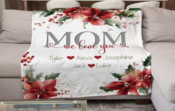 Personalized Mom Blanket, Gift for Mom, Custom Grandma From Kids Blanket,  We Love You Mom, Gift for Wife, Red Floral Blanket 