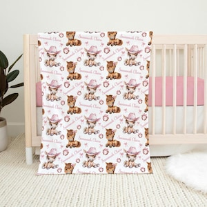 PERSONALIZED BABY BLANKET with horses, Baby Girl Horse Blanket, Cute Foal Western Coquette blanket, Toddler Girl Blanket, Horses Pink Bows