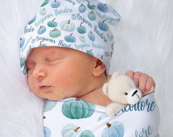 Personalized Baby Boy Pumpkin Swaddle Blanket and Hat Set