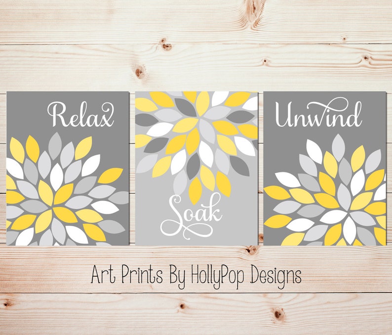 Yellow Gray Wall Art Set of 3 Bathroom Prints Bathroom Wall Etsy