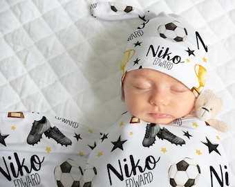Custom Soccer Baby Swaddle Blanket, Knotted Hat, Personalized Jersey Knit, Minky Blanket Option