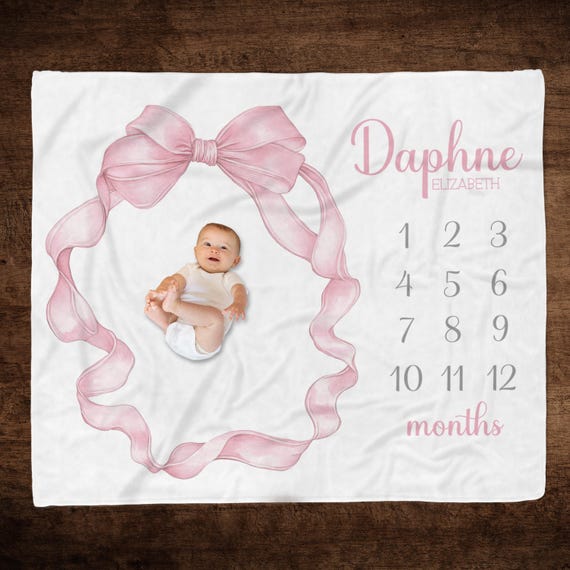 PERSONALIZED PINK BOW Milestone Blanket, Baby Girl Pink Bow Blanket, Baby Growth Blanket, Coquette Baby Girl Gift, Month Blanket Baby Girl