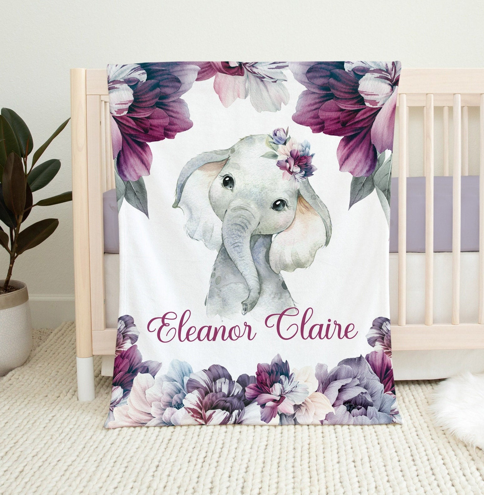 Elephant Blanket, Custom Name Baby Blanket, Elephant Baby Blanket