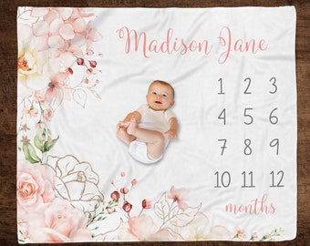 Pink Gold Floral Personalized Baby Milestone Blanket, Monthly Growth Tracker, First Year Photo Blanket