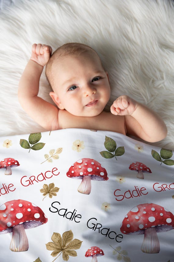 PERSONALIZED MUSHROOM BLANKET, Cottagecore Woodland Baby Blanket, Baby Girl Name Blanket, Mushroom Nursery Gender Neutral Custom Baby Gift