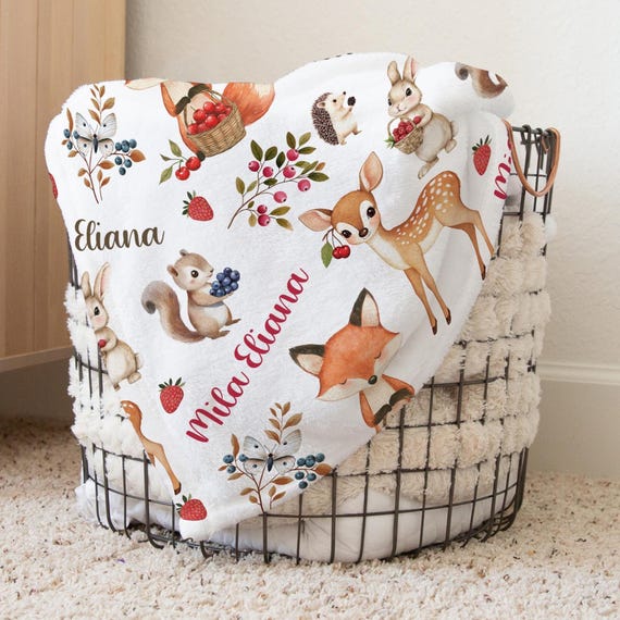 PERSONALIZED WOODLAND BABY Girl Blanket, Baby Girl Woodland Animals  Blanket, Fox Deer Baby Blanket, Woodland Theme Nursery, Baby Shower Gift