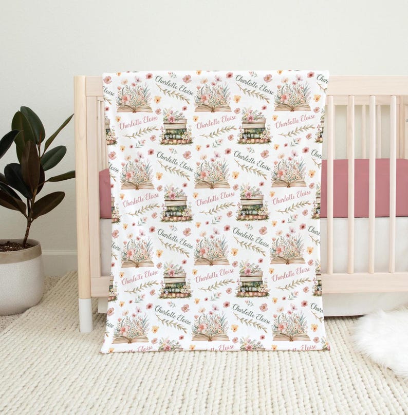 Floral Storybook Blanket Wild Flower Stacked Books Blanket Baby Girl Book Blanket