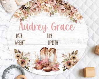 BOHO WESTERN Birth Stat Sign, Personalized Birth Stats Sign, Floral Cowboy Boots, Cowgirl Birth Stats Sign, Infant Girl Birth Stat Name Sign