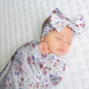 WILDFLOWER BABY GIRL Swaddle Blanket Set, Baby Name Floral Blanket Knotted Hat headband, Wildflower Baby Girl Gift, Baby Shower Custom Gift