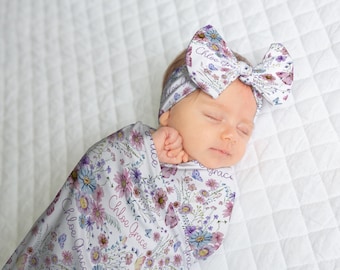 WILDFLOWER BABY GIRL Swaddle Blanket Set, Baby Name Floral Blanket Knotted Hat headband, Wildflower Baby Girl Gift, Baby Shower Custom Gift