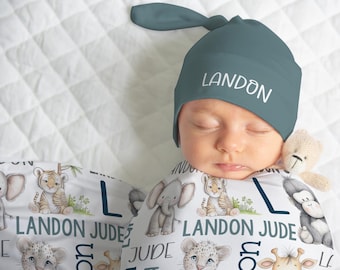 Custom Safari Animal Baby Swaddle Blanket, Hat Headband Set