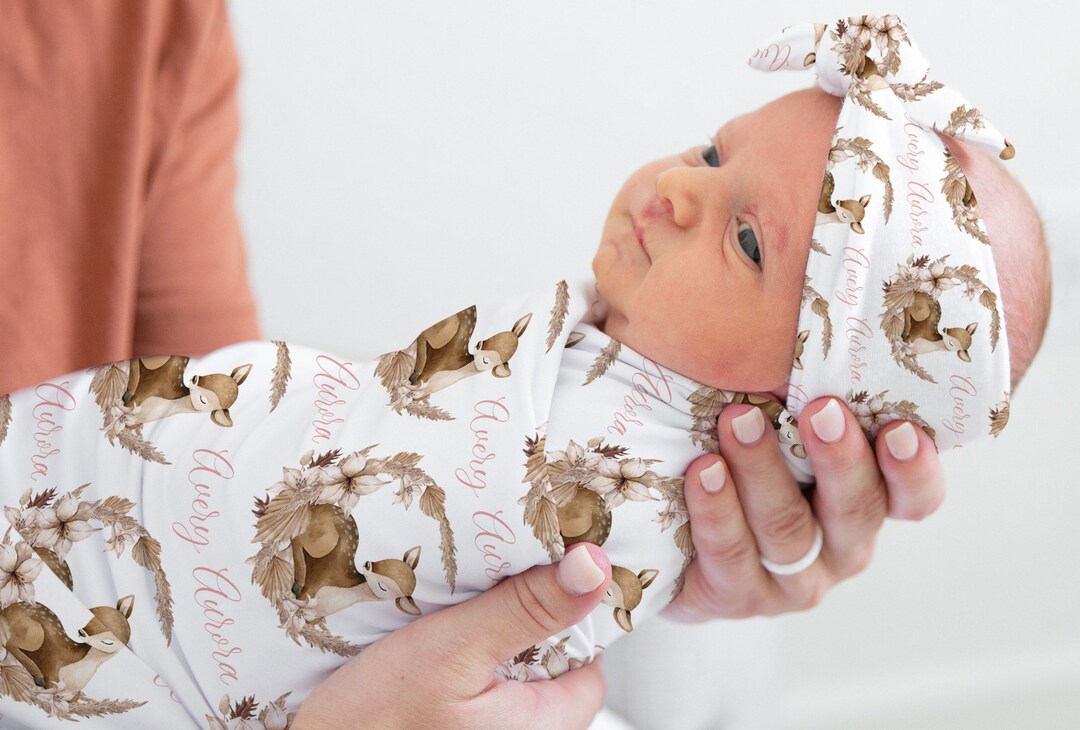 Personalized Baby Girl Deer Swaddle Blanket, Infant Girl Headband, Baby