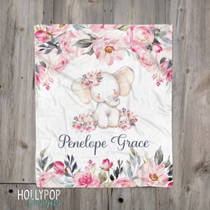 Pink Floral Elephant Blanket, Baby Name Blanket, Personalized Pink Girl Blanket, Newborn Baby Girl, Custom Name Baby Shower Gift, Baby Gift image 3