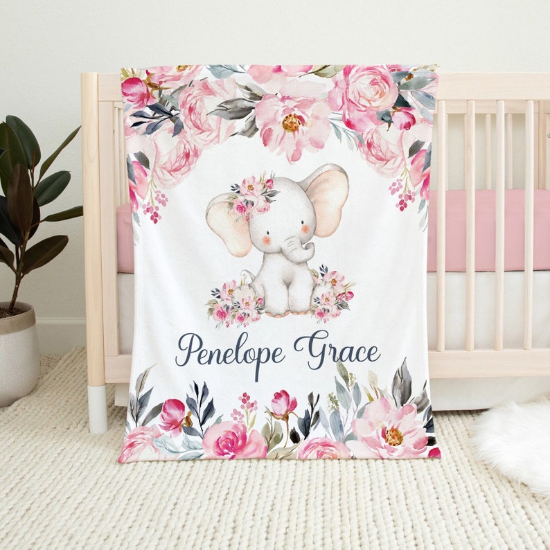 Pink Floral Elephant Blanket, Baby Name Blanket, Personalized Pink Girl Blanket, Newborn Baby Girl, Custom Name Baby Shower Gift, Baby Gift image 1