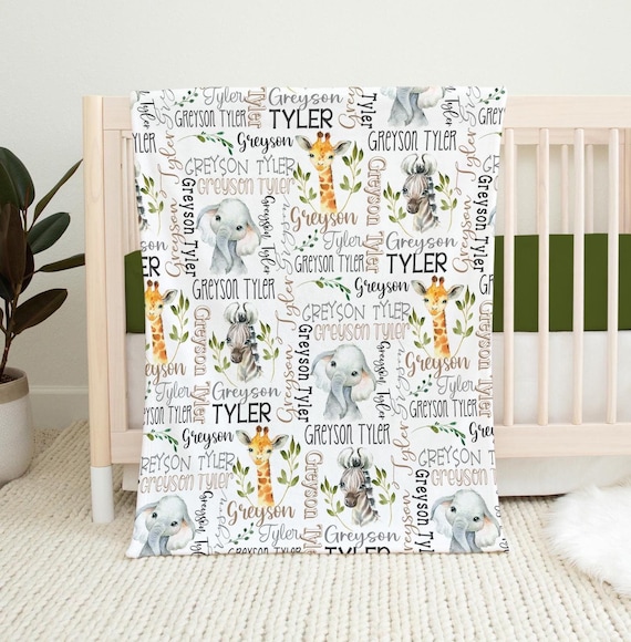 PERSONALIZED BABY BOY Blanket, Safari Name Blanket Baby Boy, Custom Boy Safari Animals Blanket, Baby Boy Gift, Custom Baby Animals Blanket