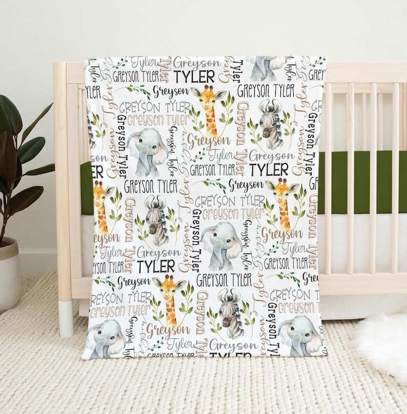 PERSONALIZED BABY BOY Blanket, Safari Name Blanket Baby Boy, Custom Boy Safari Animals Blanket, Baby Boy Gift, Custom Baby Animals Blanket zdjęcie 1