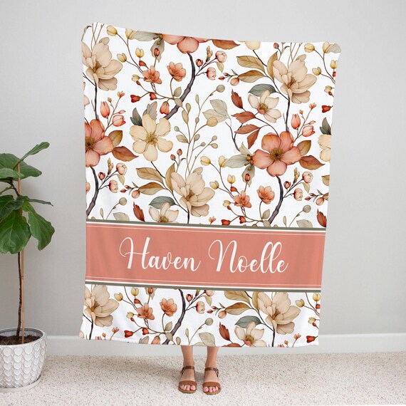 PERSONALIZED FLORAL BLANKET, Vintage Autumn Floral Baby Blanket, Custom Toddler Girl Name Blanket, Floral Throw Blanket, Baby Shower Gift