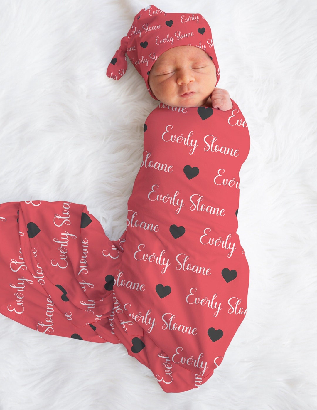 CUSTOM NAME Baby Girl Hearts Swaddle Headband Set, Personalized Hearts