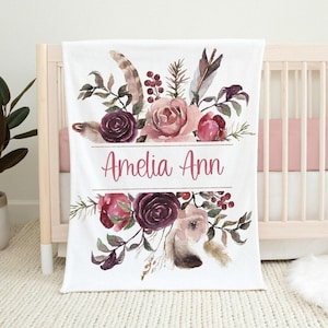 Floral Boho Baby Girl Name Blanket, Personalized Baby Blanket, Bohemian Nursery, Custom Name Baby Girl Blanket Flowers Feathers, Girl Gift