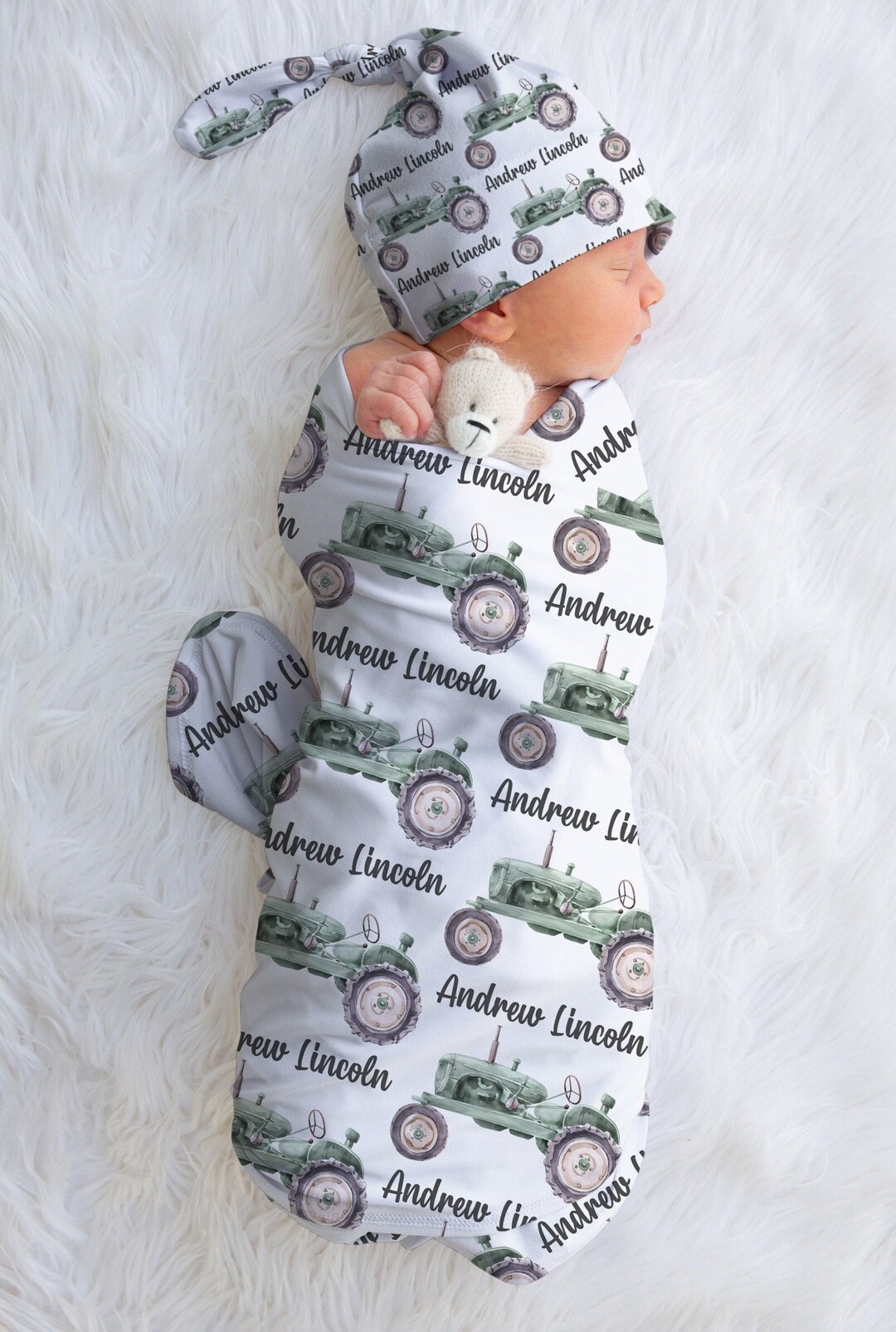 Baby Boy Green Tractor Name Swaddle, Boy Tractor Blanket, Farm Tractor