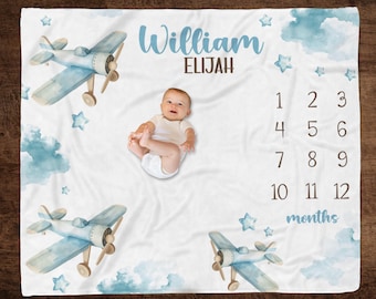 BLUE AIRPLANE MILESTONE Blanket, Baby Boy Month Growth Blanket, Aviation Sky Airplane Nursery, Newborn Boy Gift, Airplane Baby Shower Gift