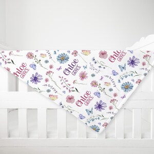 BABY GIRL WILDFLOWER Blanket, Pink Purple Wildflower Baby Blanket, Personalized Baby Name Blanket, Baby Shower Gift Wildflower Gift for Girl image 2