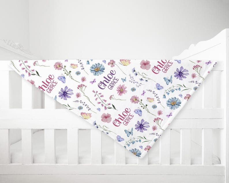BABY GIRL WILDFLOWER Blanket, Pink Purple Wildflower Baby Blanket, Personalized Baby Name Blanket, Baby Shower Gift Wildflower Gift for Girl image 2